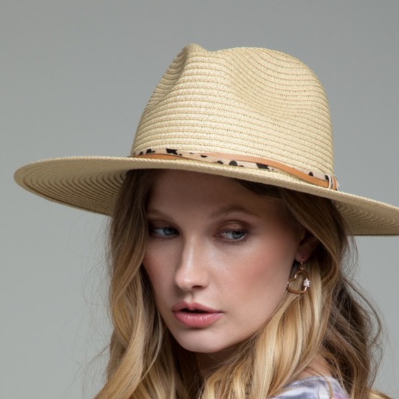 Boho Leopard Natural Trim Straw Panama Hat - Picture 8 of 9